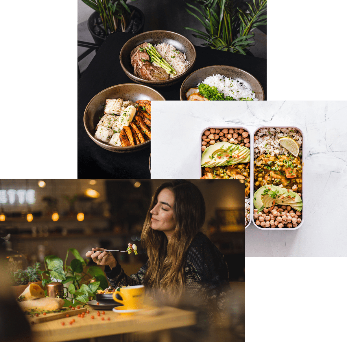 three images overlaying. The first image has three bowls of food, the second has two meals preapred in containers, and the third is a woman enjoying a meal